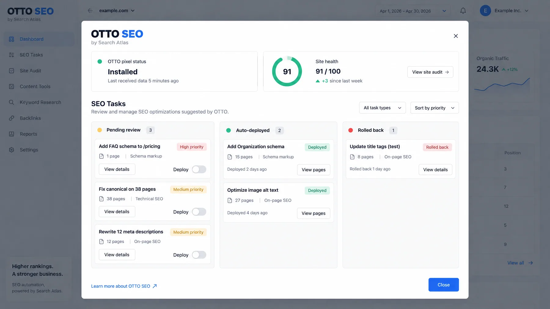 OTTO SEO by Search Atlas task board with fixes pending review, auto-deployed and rolled back, site health 91/100