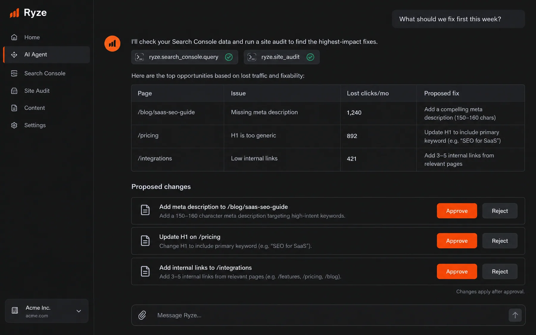 Ryze AI SEO agent chat proposing three fixes from Search Console data, each with Approve and Reject buttons