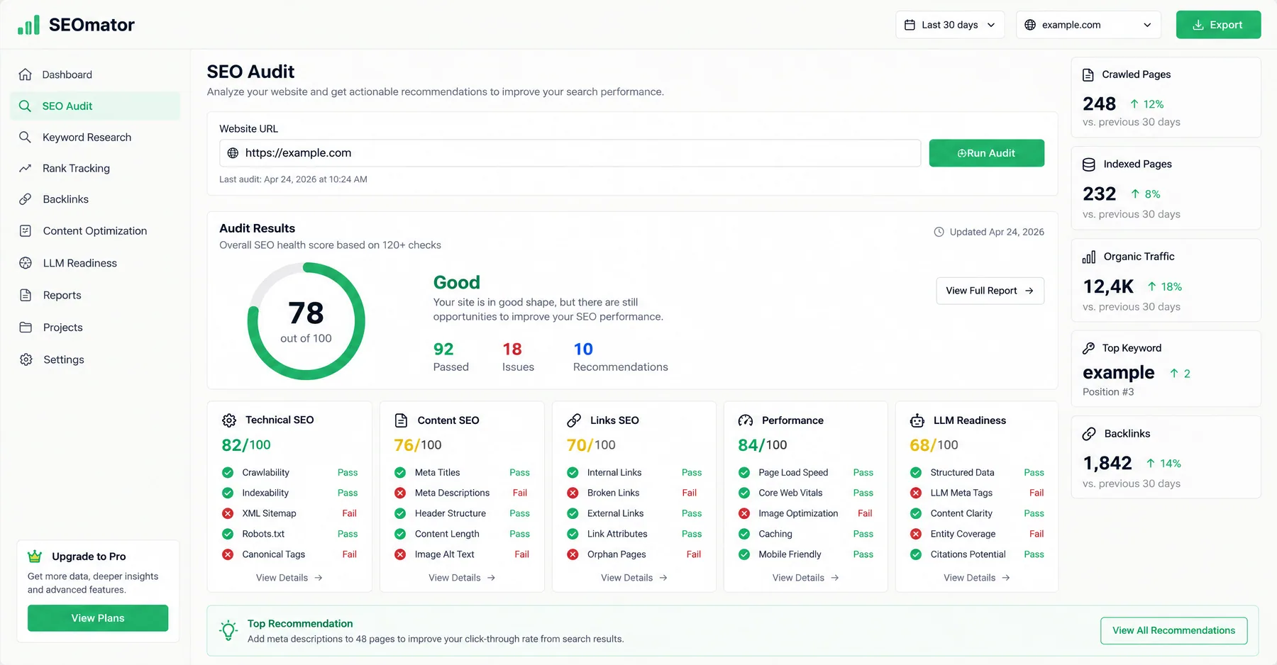 SEOmator SEO Audit scoring a site 78 out of 100 with pass and fail checks across technical SEO and LLM Readiness