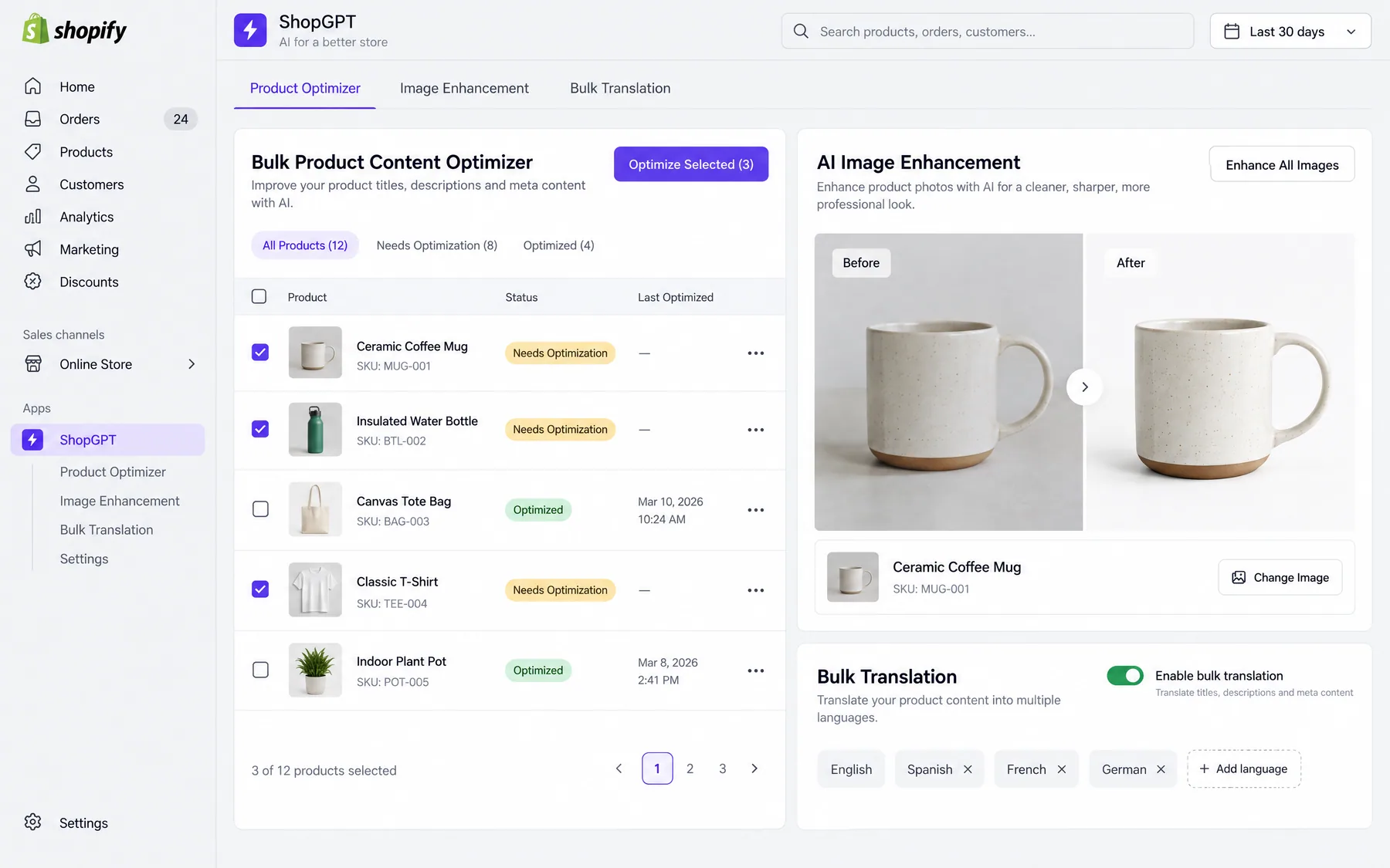 ShopGPT Bulk Product Content Optimizer flagging products that need optimization, beside AI image enhancement