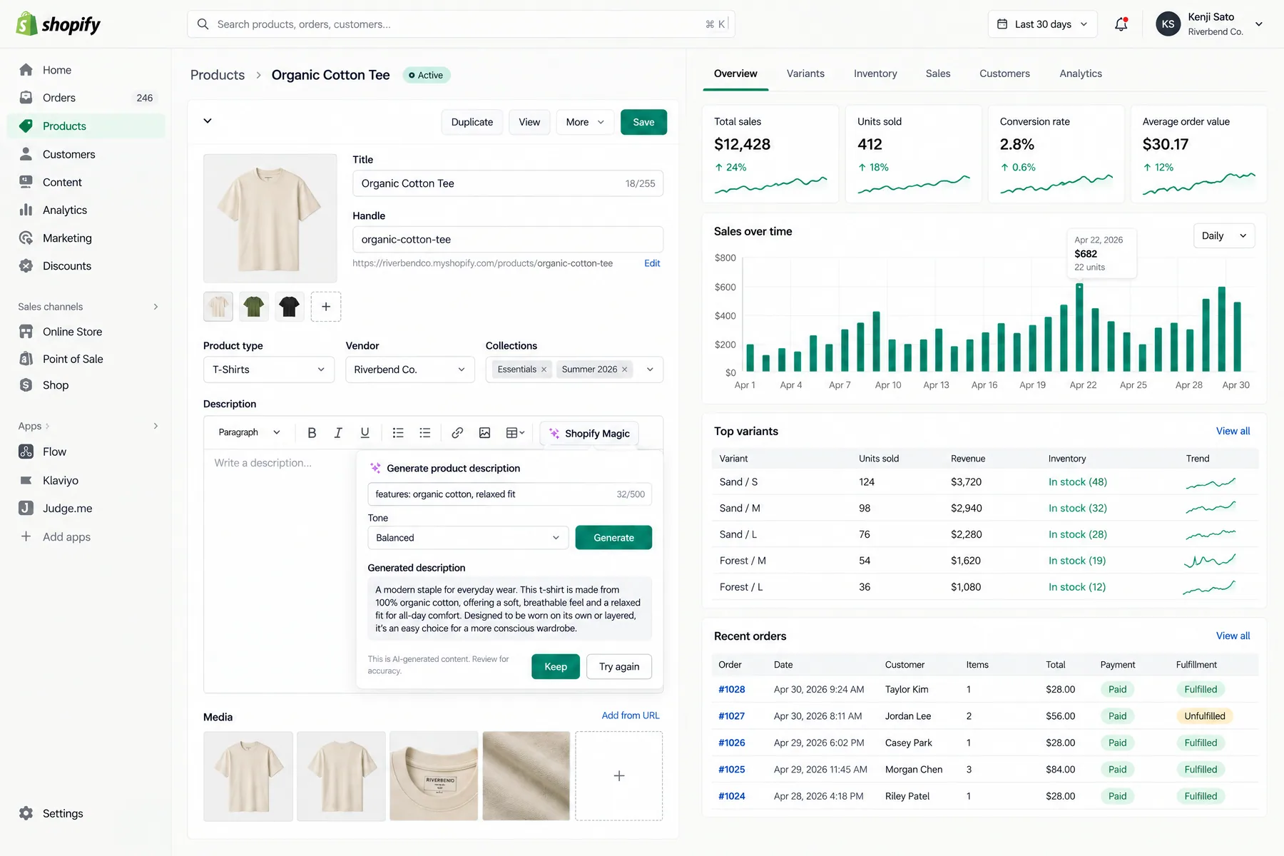 Shopify Magic Generate product description panel in the product editor, drafting copy for an Organic Cotton Tee