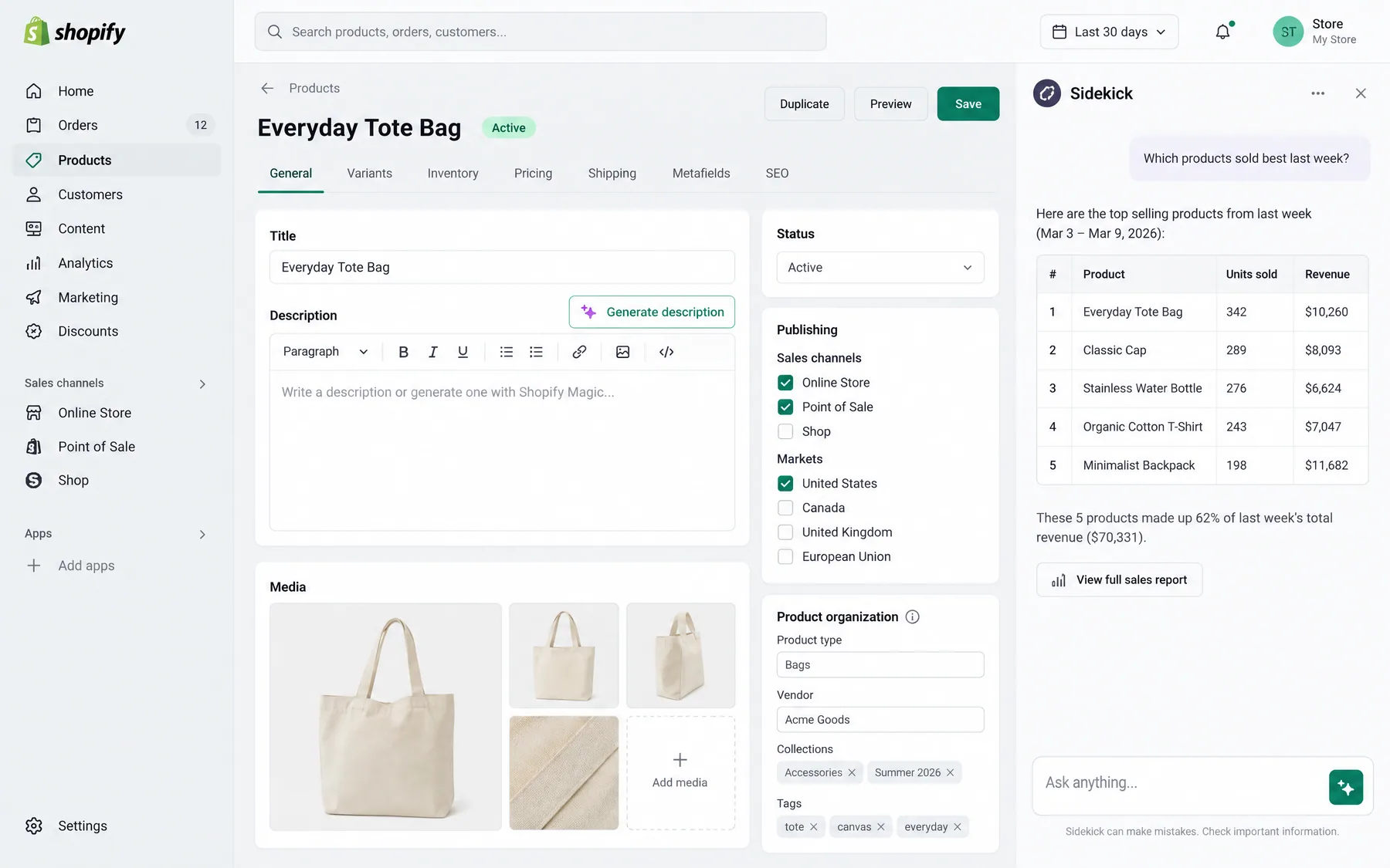 Shopify admin product page with a Generate description button and Sidekick listing last week's top five sellers by revenue