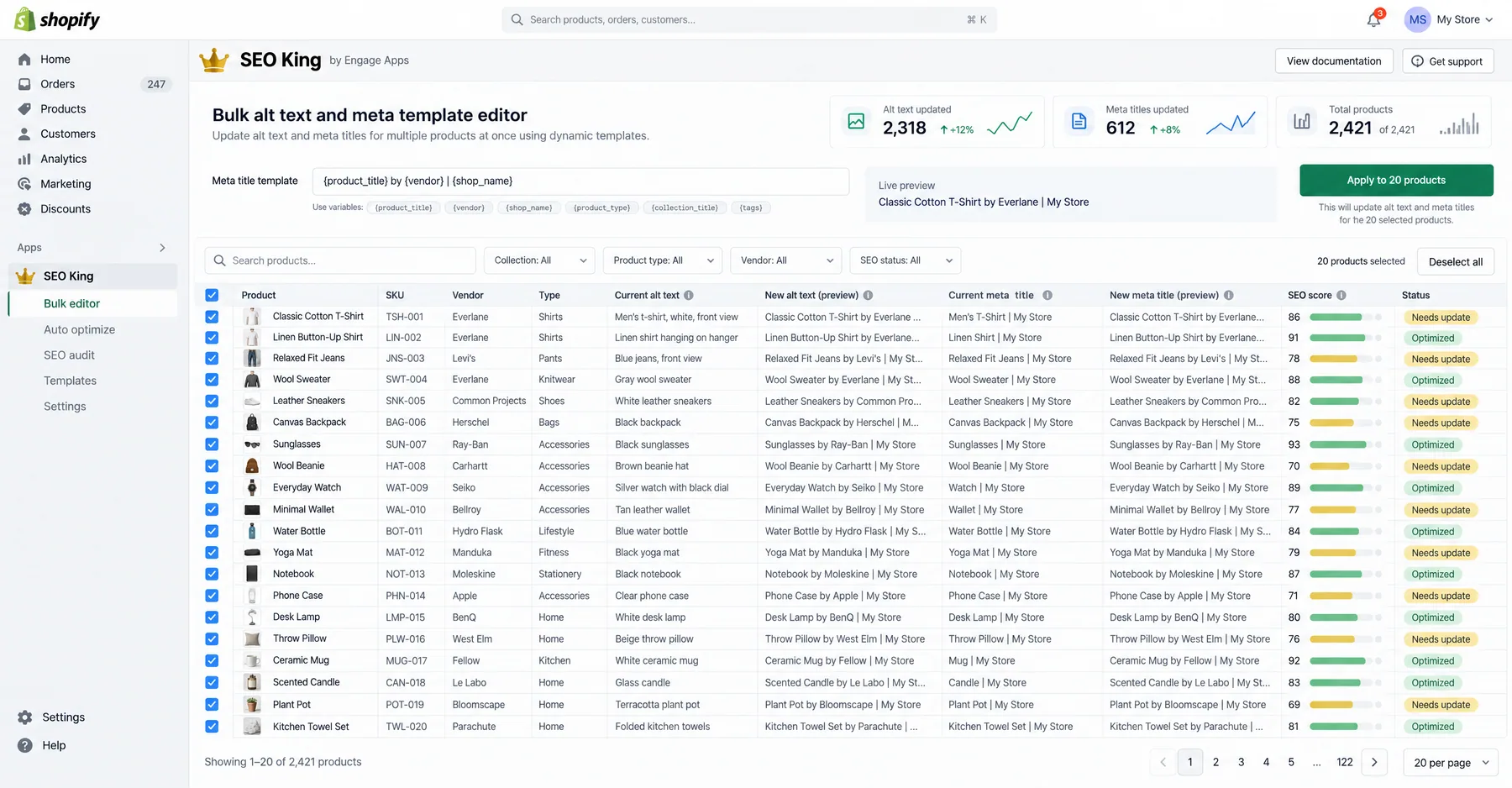 SEO King Bulk alt text and meta template editor previewing new titles for 20 selected products before Apply