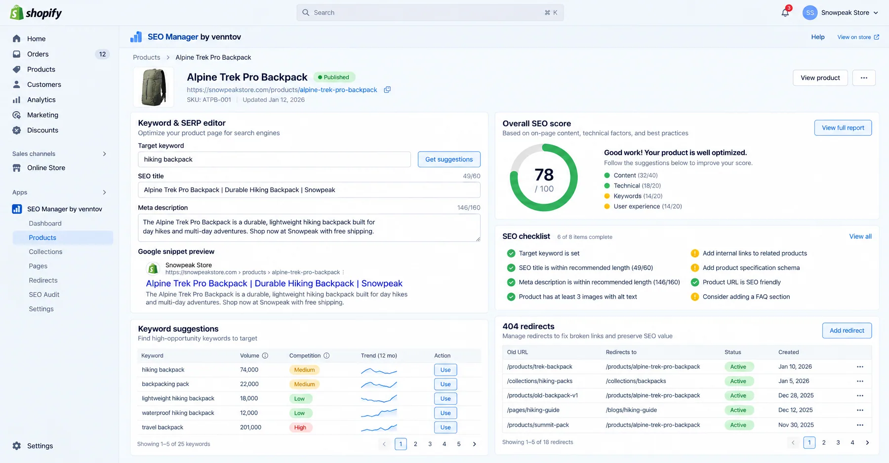 SEO Manager by venntov product editor with a 78/100 SEO score, keyword suggestions and a list of active 404 redirects