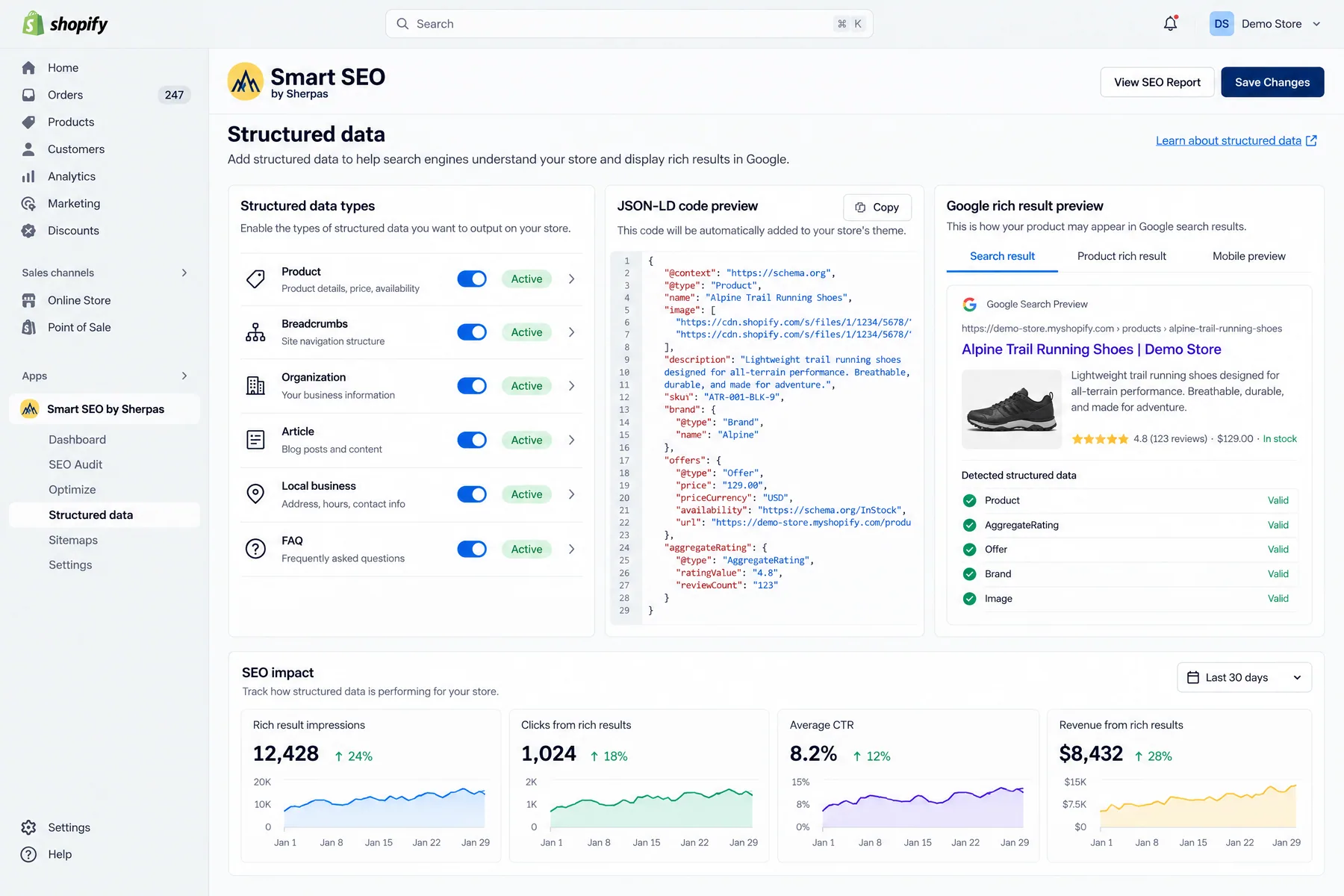 Smart SEO by Sherpas Structured data page with Product, FAQ and other schema types active and a JSON-LD code preview