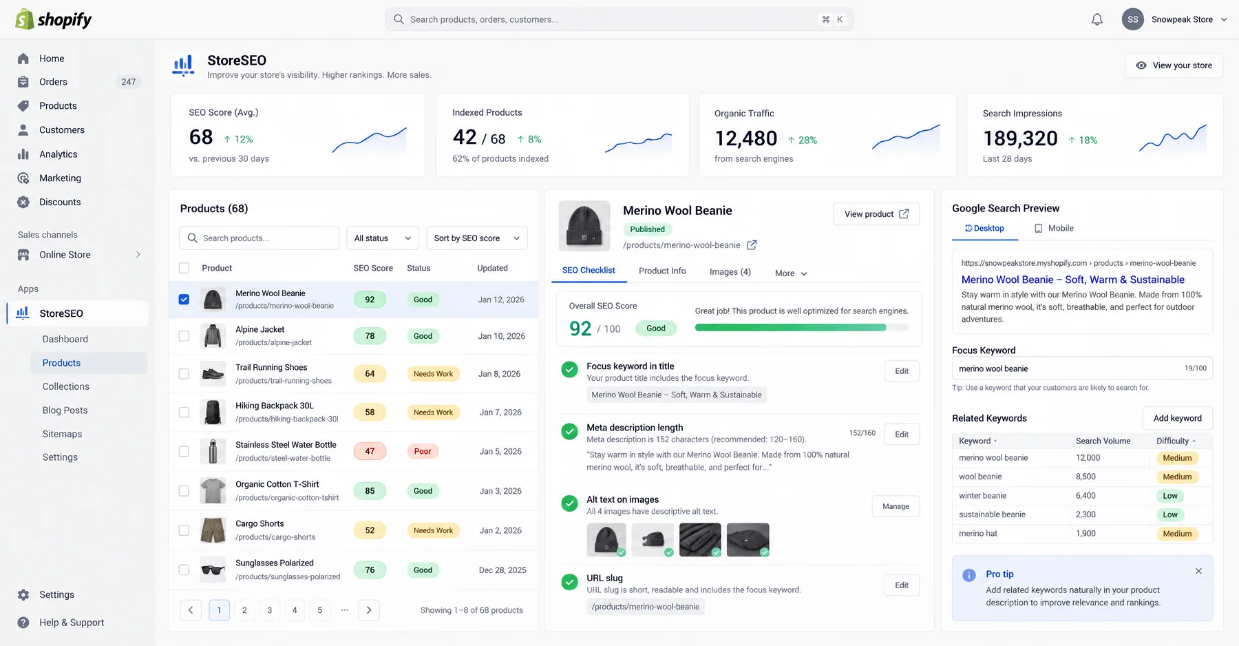 StoreSEO product view scoring a Merino Wool Beanie 92/100, with a per-product SEO checklist and Google preview