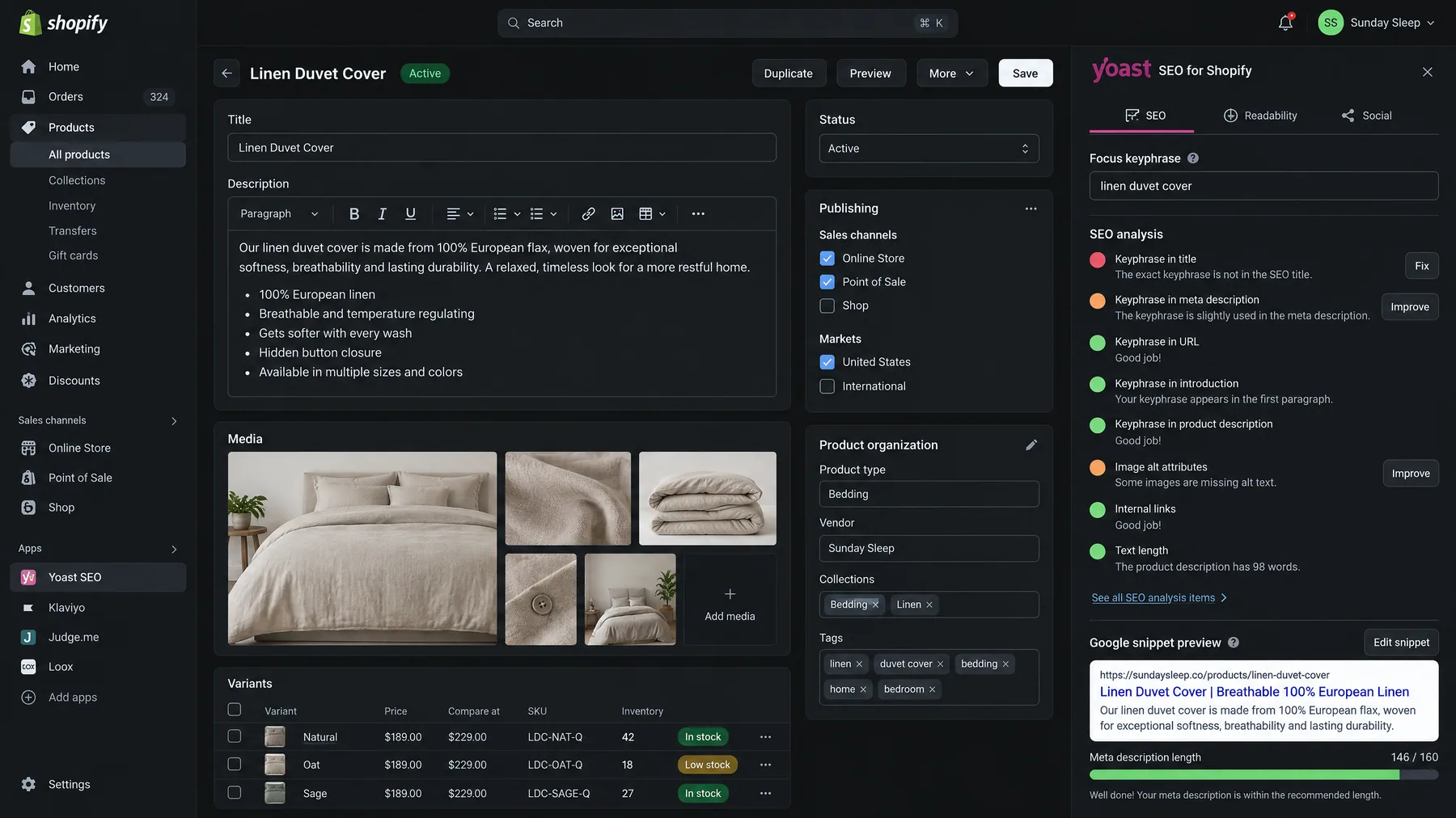 Yoast SEO for Shopify sidebar on a linen duvet cover product with traffic-light SEO analysis and a snippet preview