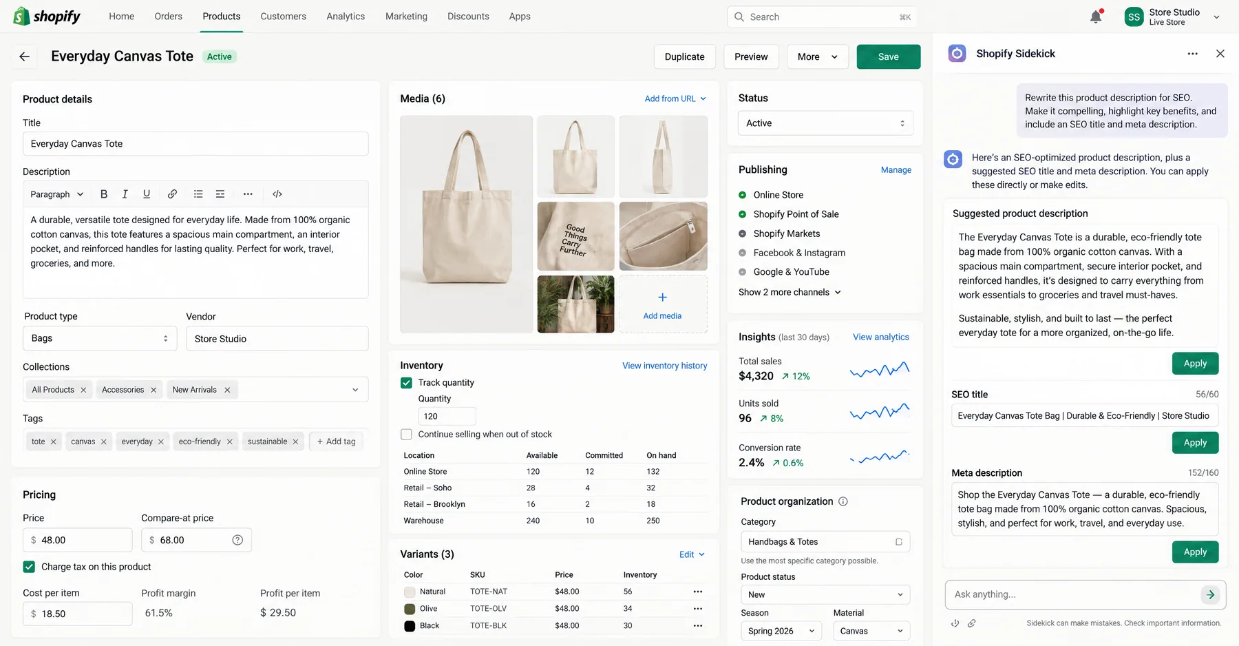 Shopify Sidekick in the product editor rewriting an Everyday Canvas Tote description and suggesting an SEO title with Apply