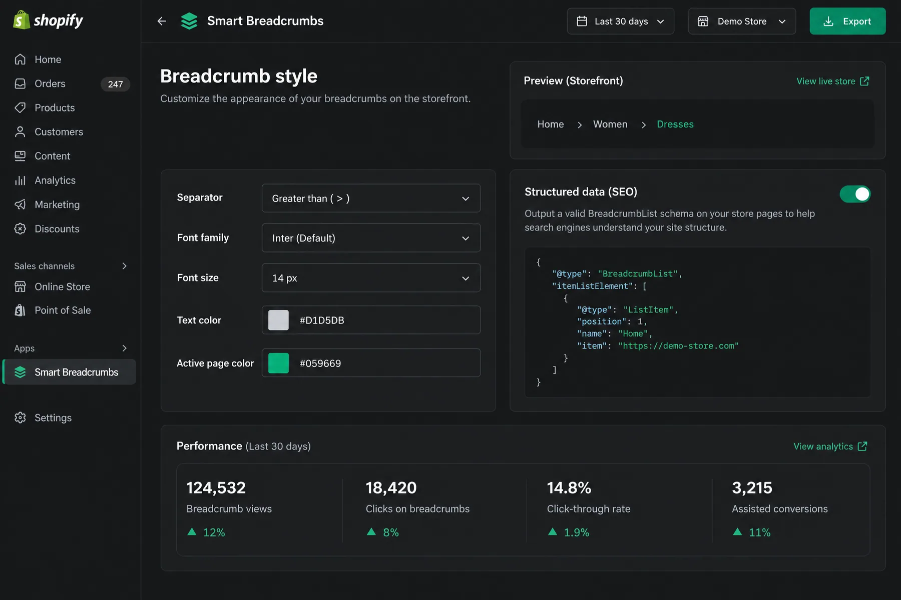 Smart Breadcrumbs style settings with a Home > Women > Dresses preview and BreadcrumbList structured data switched on
