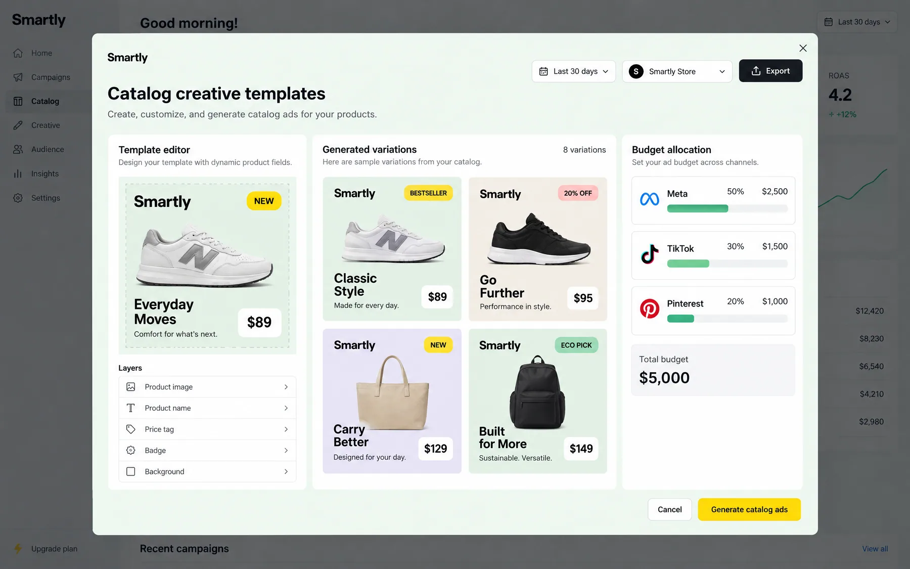Smartly catalog creative templates generating 8 product ad variations, with a ,000 budget split across Meta and TikTok