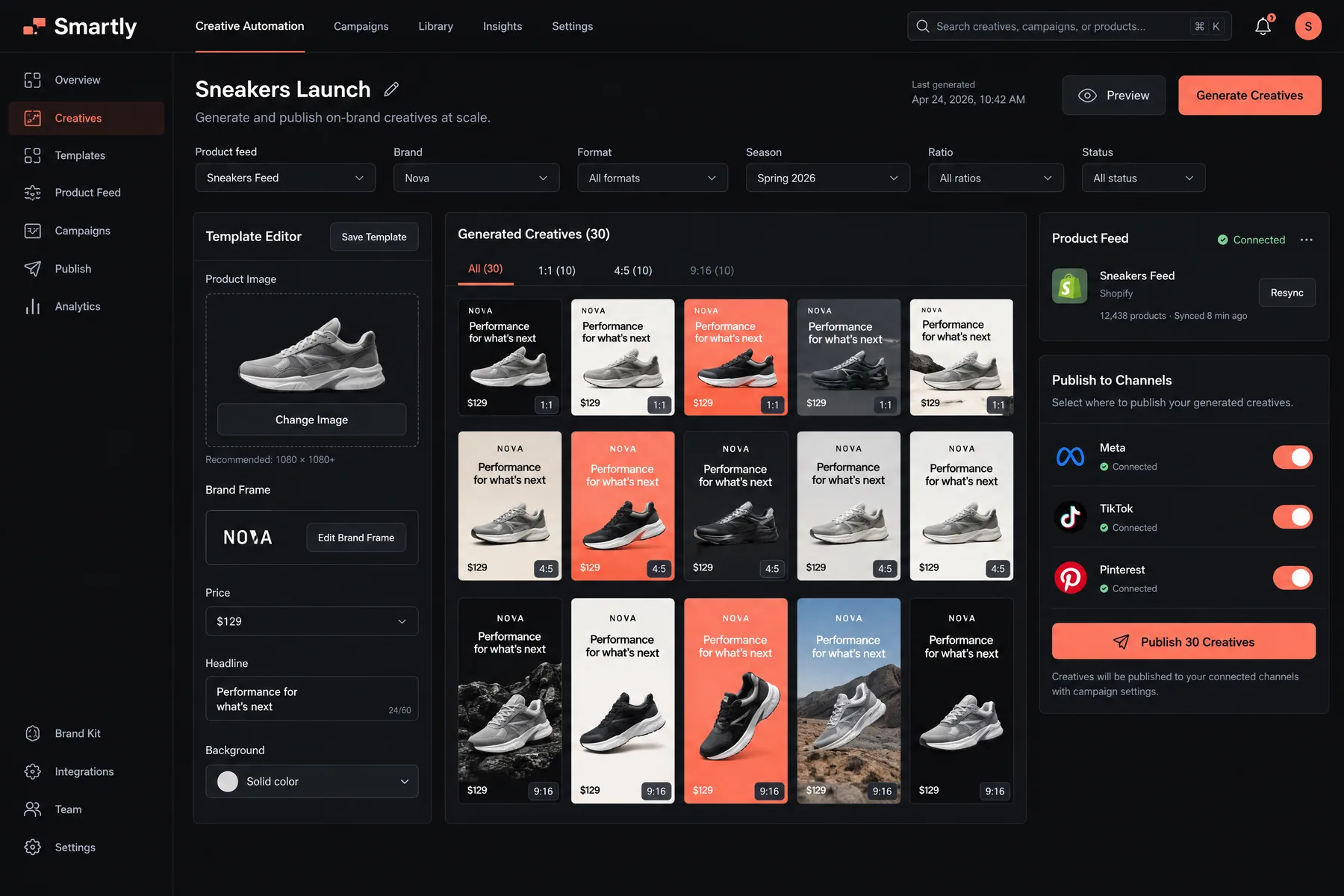 Smartly.io Creative Automation generating 30 sneaker creatives from a Shopify feed for Meta, TikTok and Pinterest