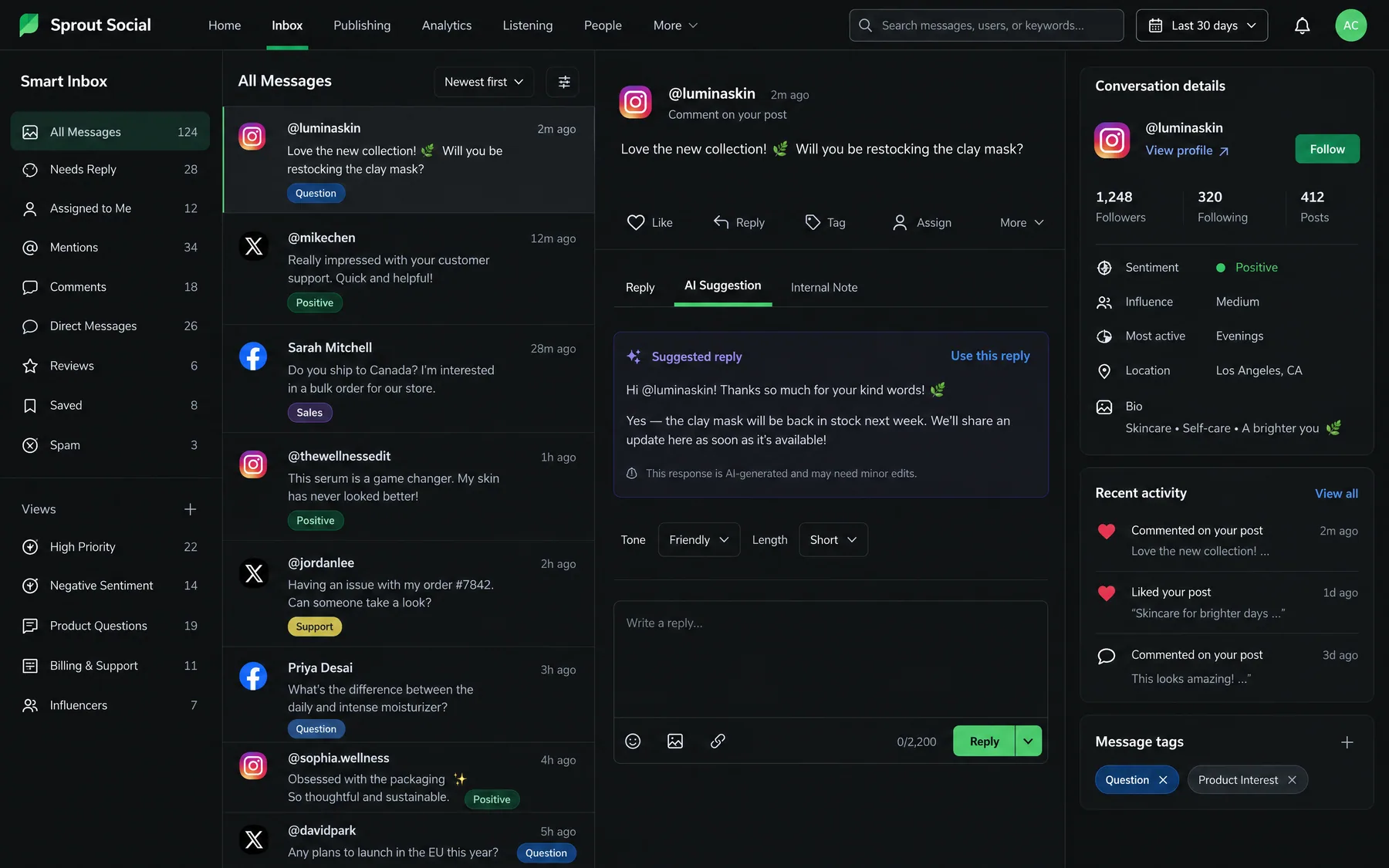 Sprout Social Smart Inbox with an AI suggested reply to an Instagram comment and positive sentiment on the conversation