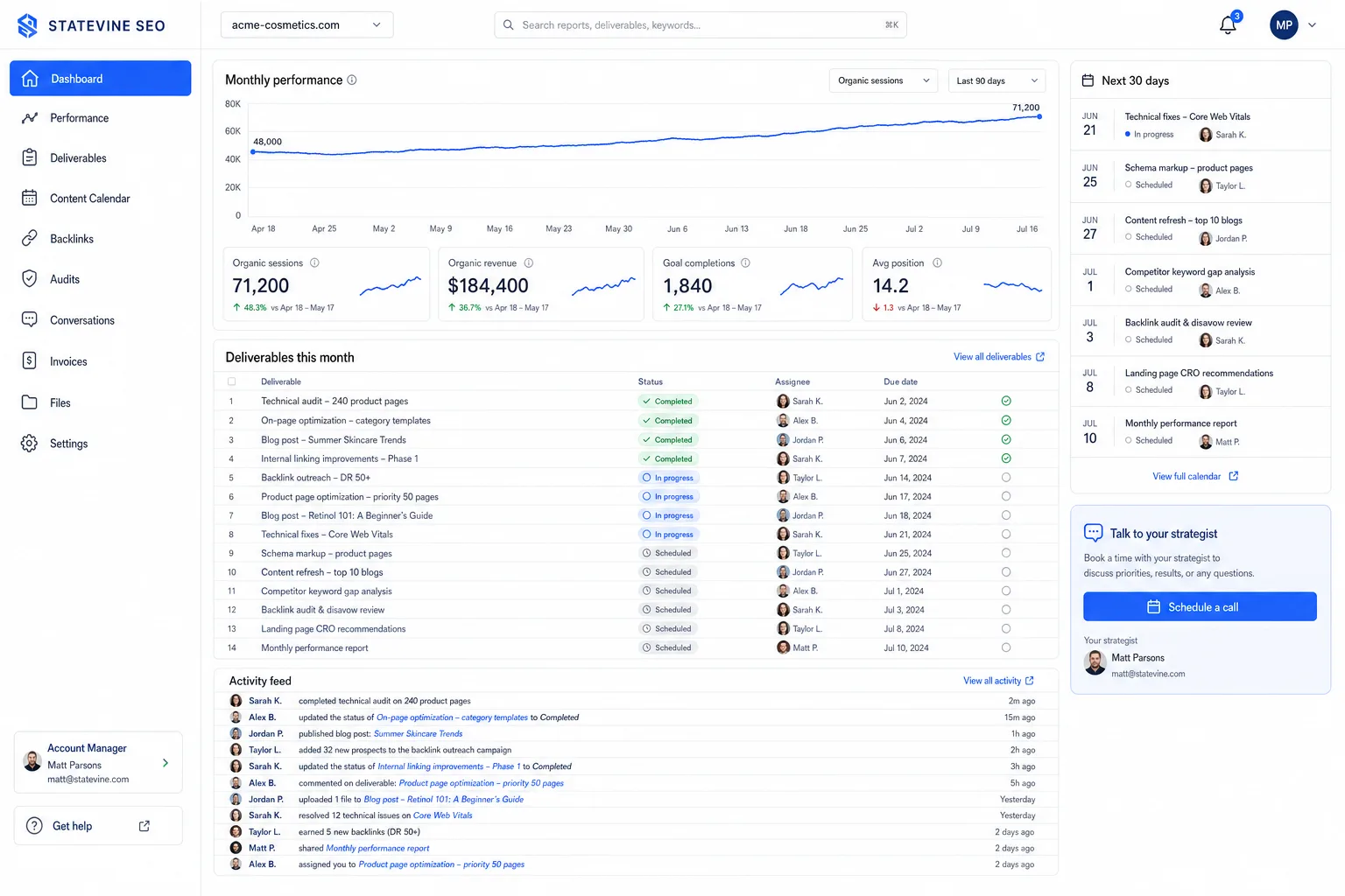 Statevine SEO ecommerce SEO agency — client portal with monthly performance report, deliverables checklist, and activity feed