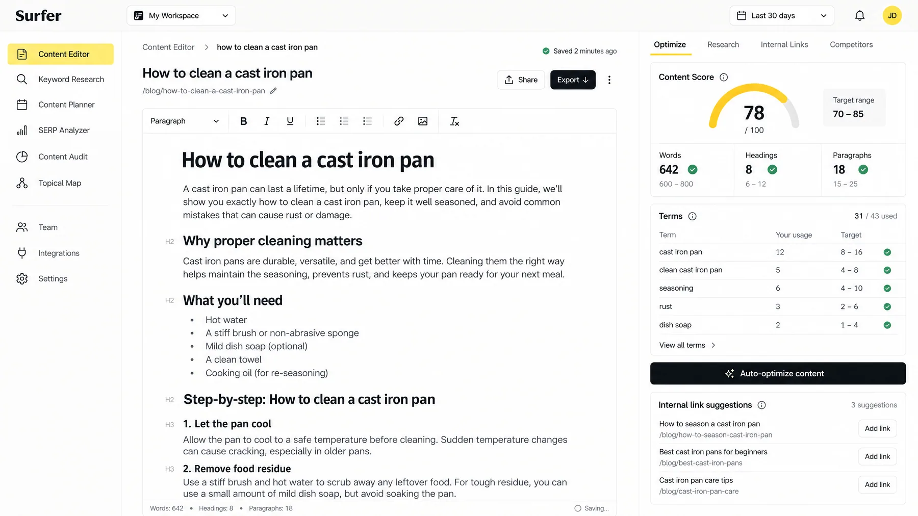 Surfer Content Editor scoring a cast iron pan article 78/100 with 31 of 43 terms used and an Auto-optimize content button