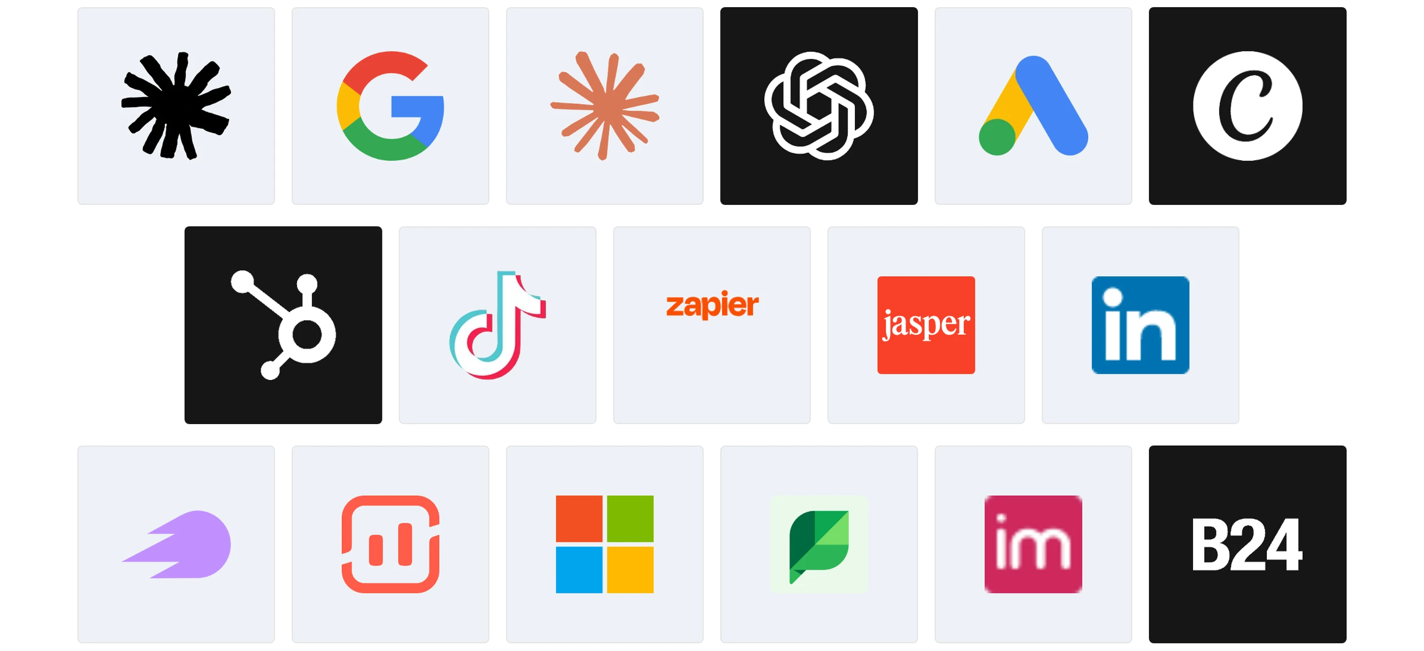 Logos of the AI Marketing Tools compared in 2026, including Ryze AI, Claude, ChatGPT, Canva and HubSpot Marketing Hub, next to Google, Google Ads and TikTok