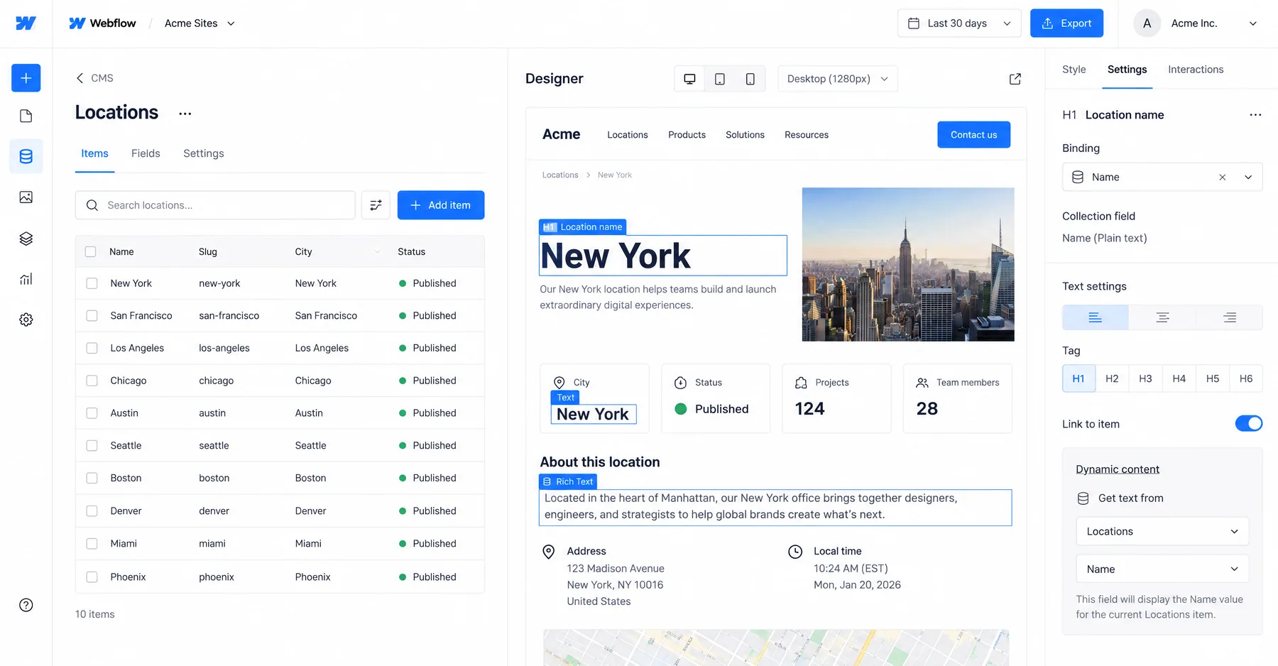 Webflow CMS Locations collection bound to a page template in Designer, with the H1 pulling the Name field