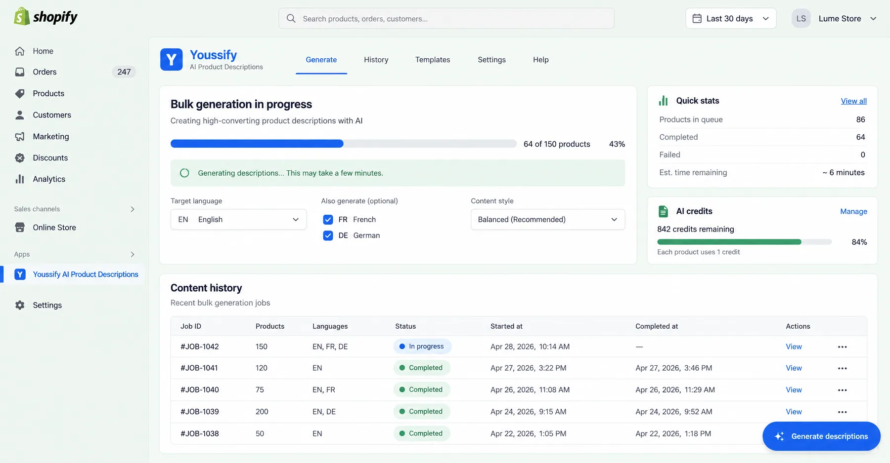 Youssify bulk generation at 64 of 150 products in English, with French and German versions and a content history of past jobs