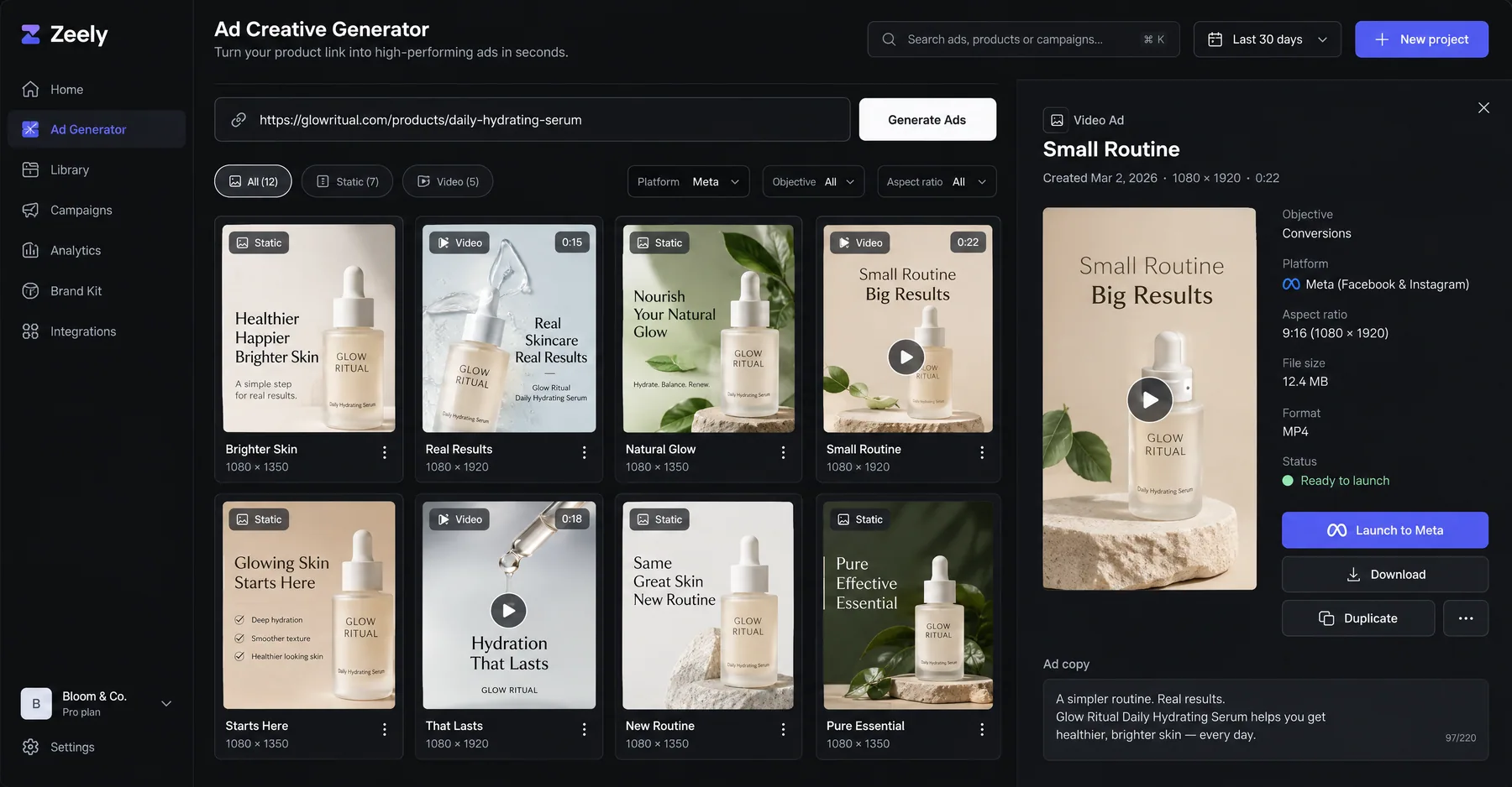 Zeely Ad Creative Generator turning a serum product link into 12 static and video ads, with a Launch to Meta button